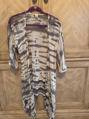 BKE Cream and Gray Knit Cardigan with Lace Trim